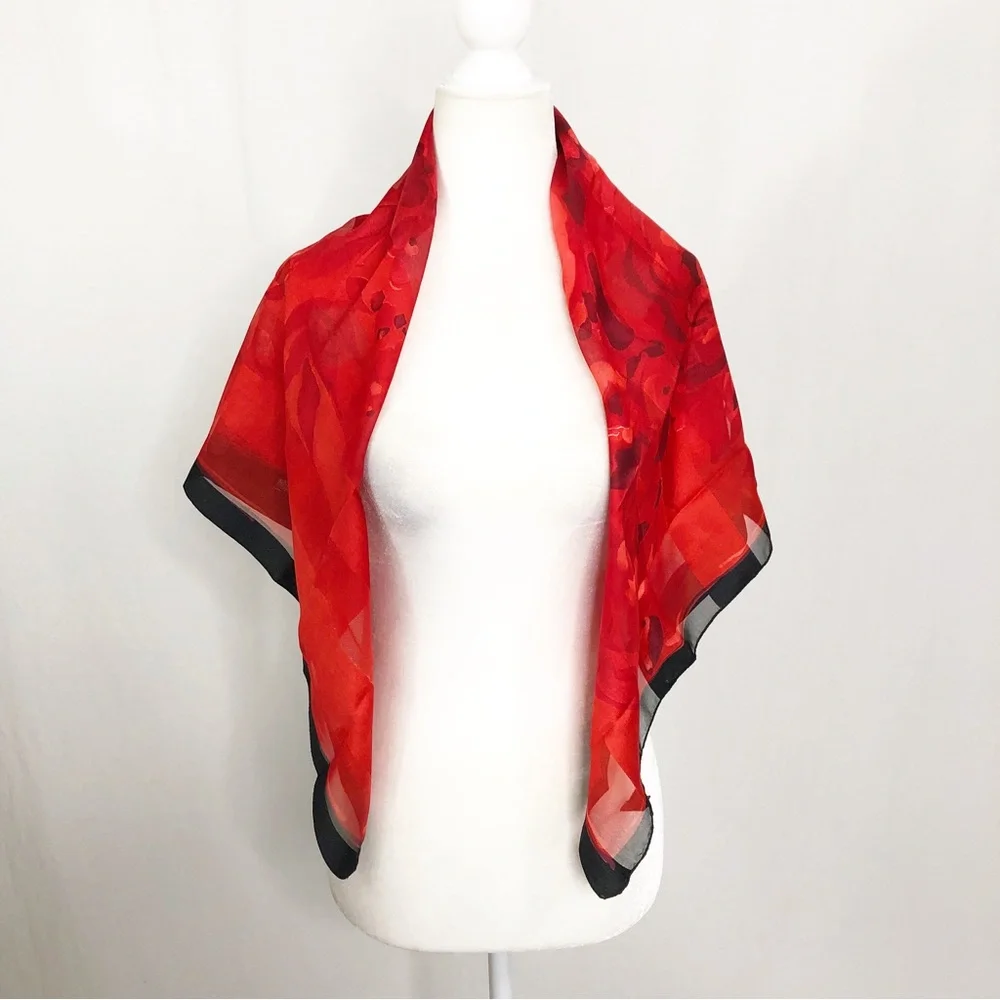 NEW Art of the Scarf Vintage Silky Rose Floral Scarf, Red Black